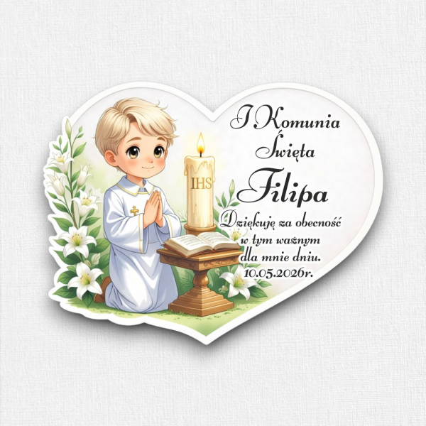 Magnes, serce, podziękowanie, komunia święta, pierwsza komunia święta, imienne dla gości, prezent, upominek