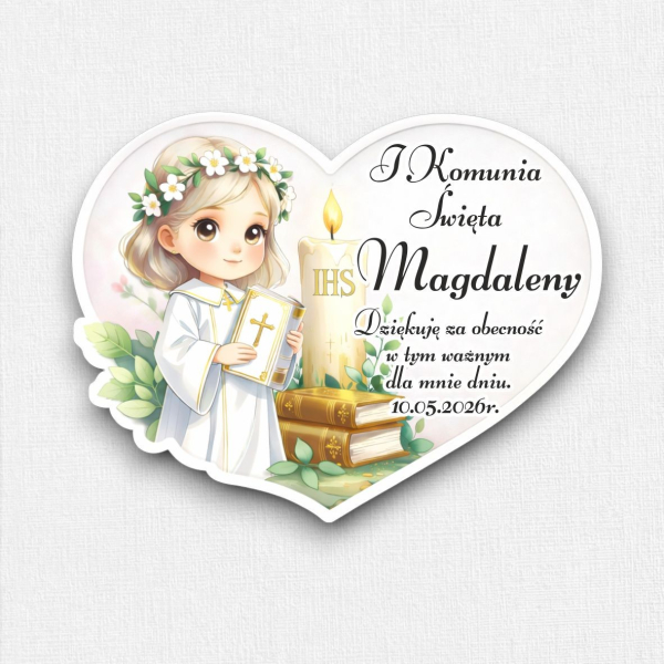 Magnes, serce, podziękowanie, komunia święta, pierwsza komunia święta, imienne dla gości, prezent, upominek
