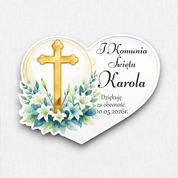 Magnes, serce, podziękowanie, komunia święta, pierwsza komunia święta, imienne dla gości, prezent, upominek